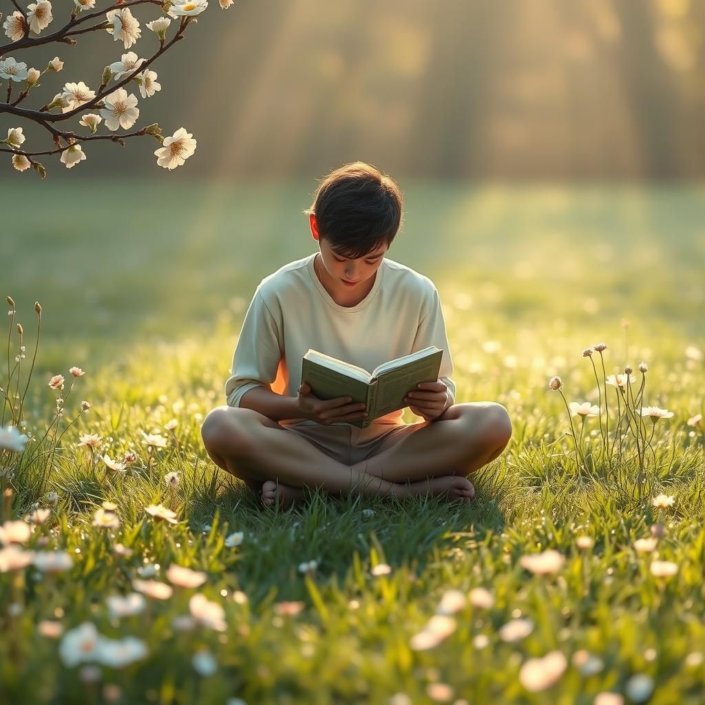 Meditative Figure in Ethereal Floral Landscape