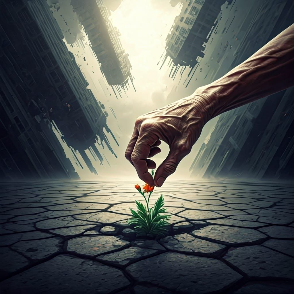 Hope Blooms in Ruins: Detailed Digital Painting