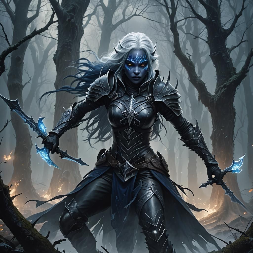 Drow Warrior Rinvala in Misty Forest, Dark Fantasy Art
