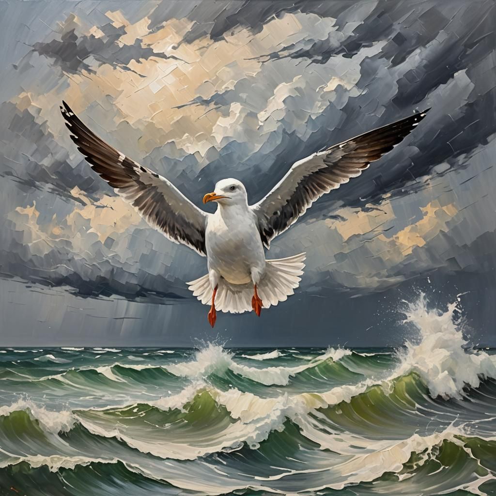 Seagull in Storm: Impasto Painting of Wild Weather