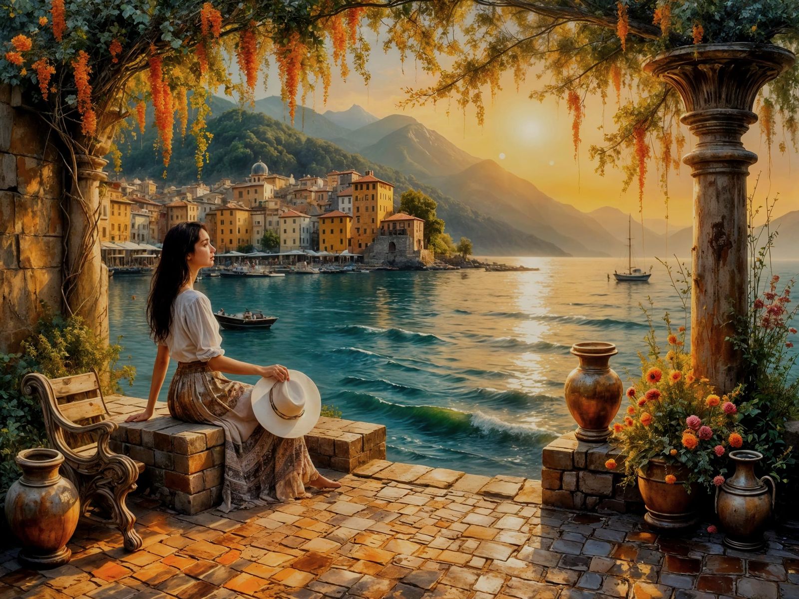 Woman in Profile Gazing at Ocean, Oil Painting Style