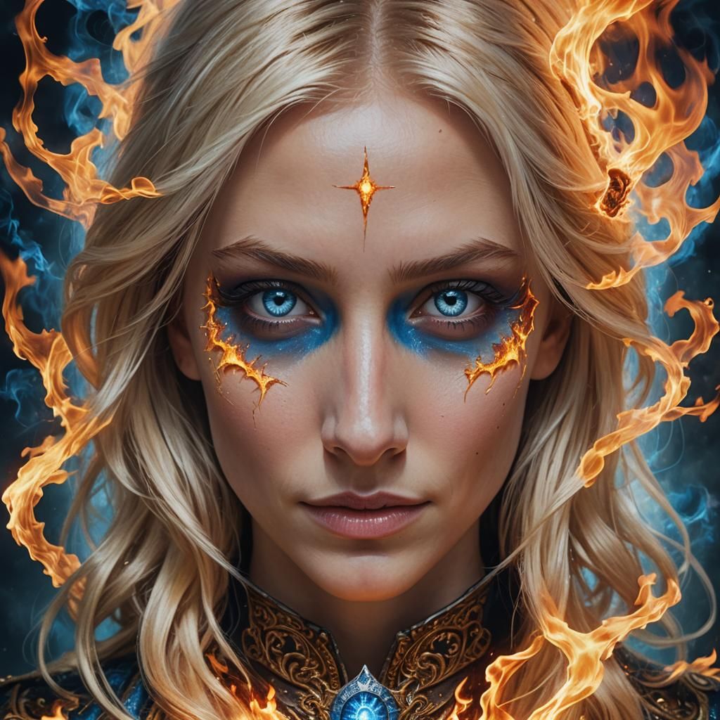 Split Portrait of a Blonde Magician with Duality