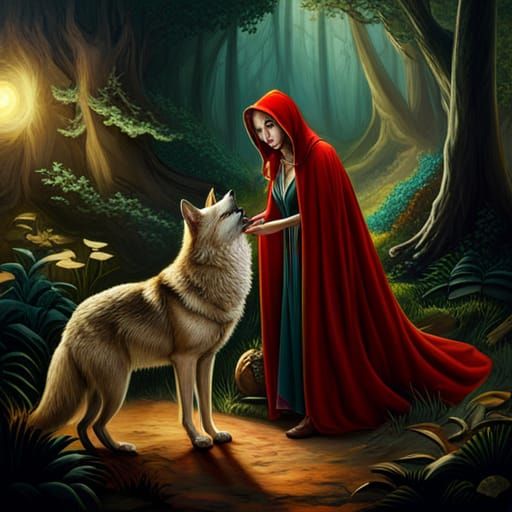 Little Red Ridinghood Petting a Wolf, Photorealistic Oil Pai...