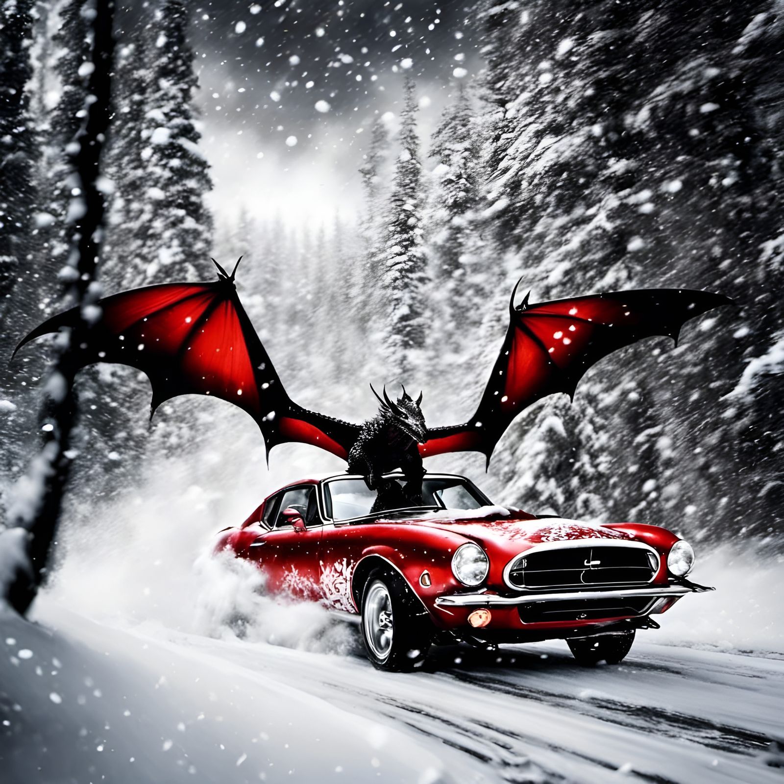 Dragons Flying Through Snowy Woods with Blue Fire