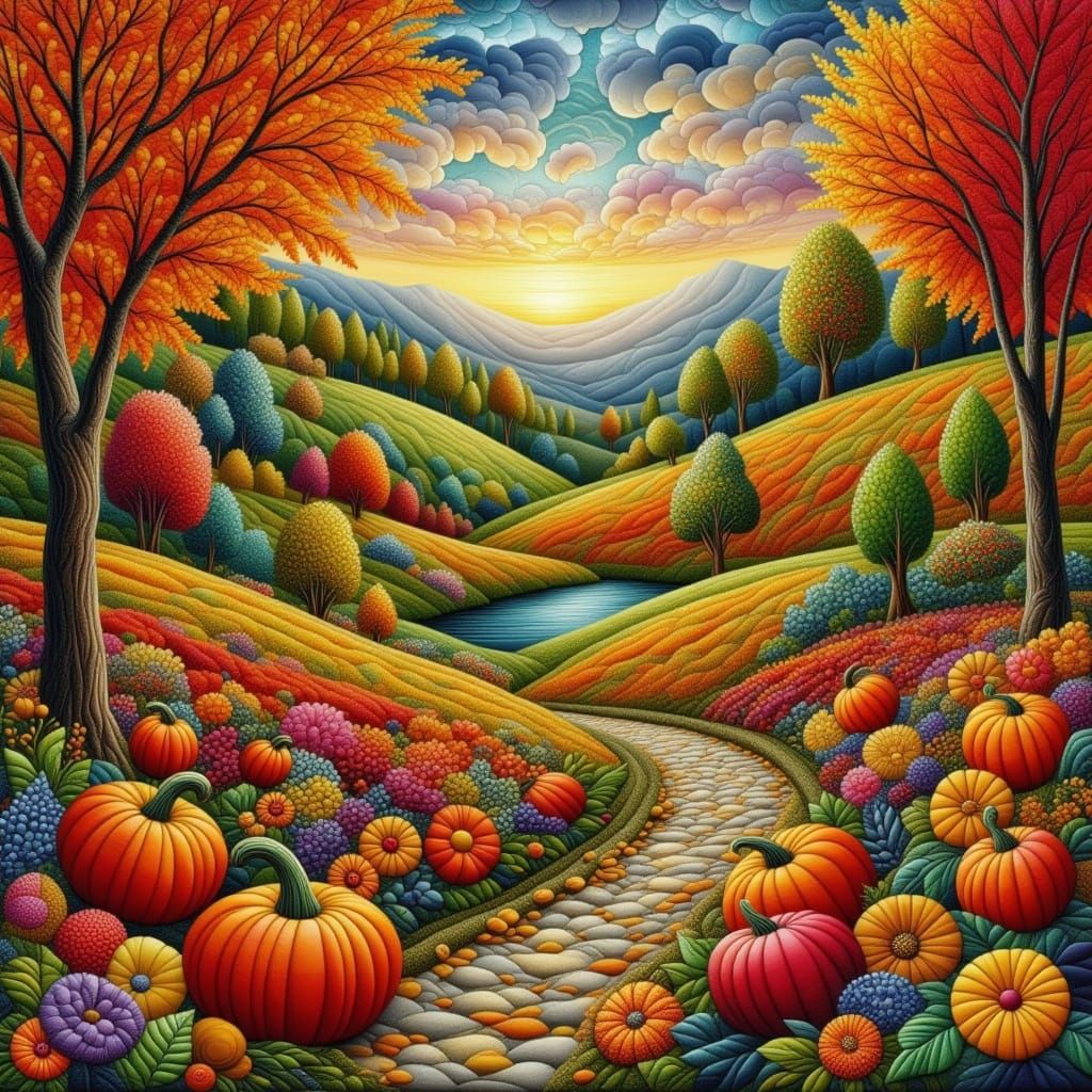 Autumn Landscape Quilted Embroidery Artwork