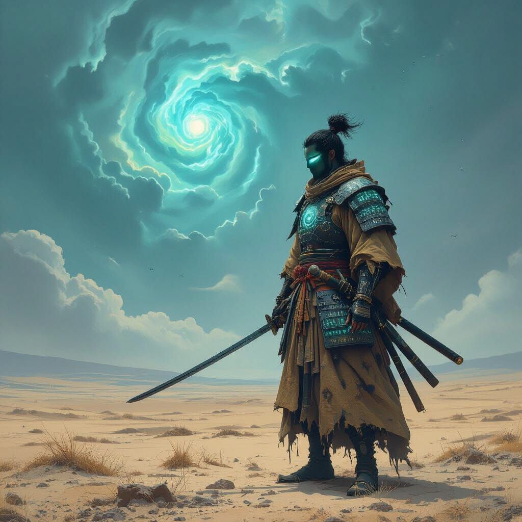 Samurai Warrior Under Nebula Sky in Dark Fantasy Style
