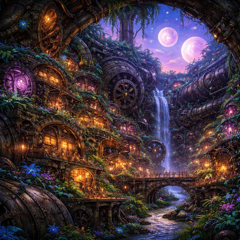 A sprawling city built within the hollowed-out shell of a colossal, ancient engine, its intricate gears and pipes now ov...