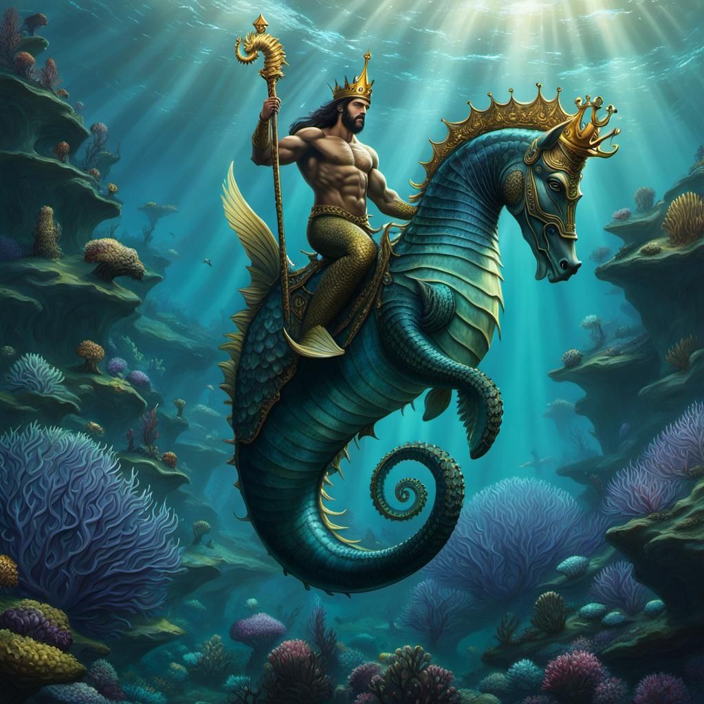 Merman God Riding a Seahorse, Digital Art