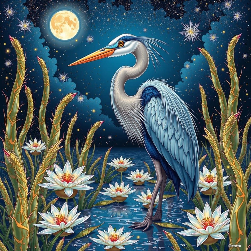 Great Blue Heron in Moonlit Wetland, Abstract Style