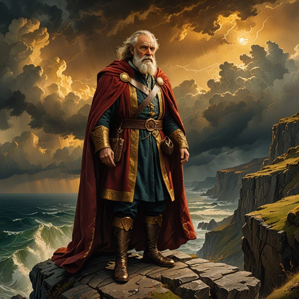 King Lear on Stormy Cliff in Golden Light