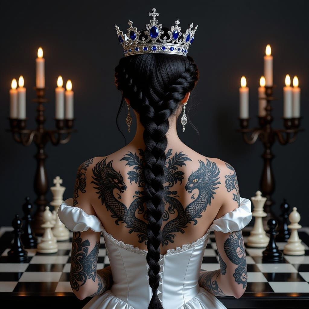 Regal Woman with Sapphire Crown and Mythical Tattoos