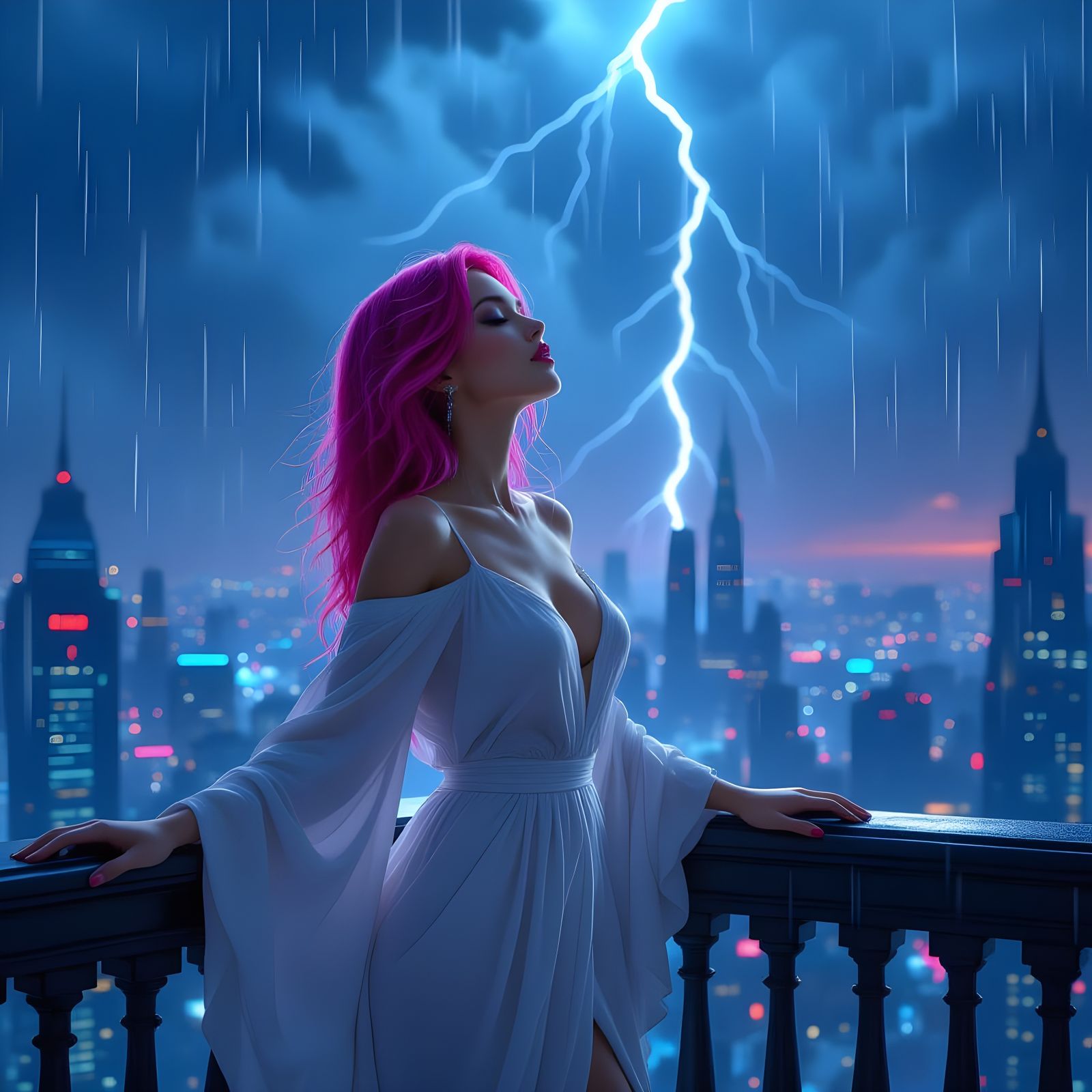 Pink-Haired Woman in Rainy Cyberpunk Cityscape