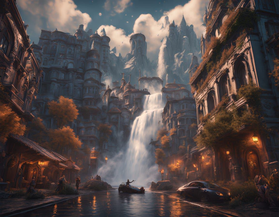 Waterfall River Runs Through City, Surreal Digital Art