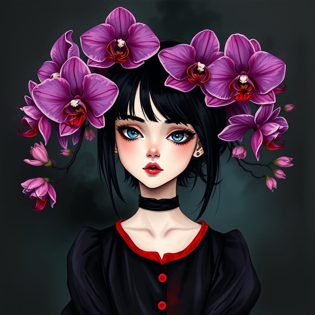 Gothic Emo Girl in a Dreamlike Orchid Paradise