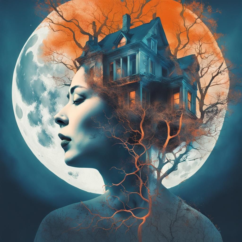 Surreal Double Exposure: Woman, Branches, Urban Nature