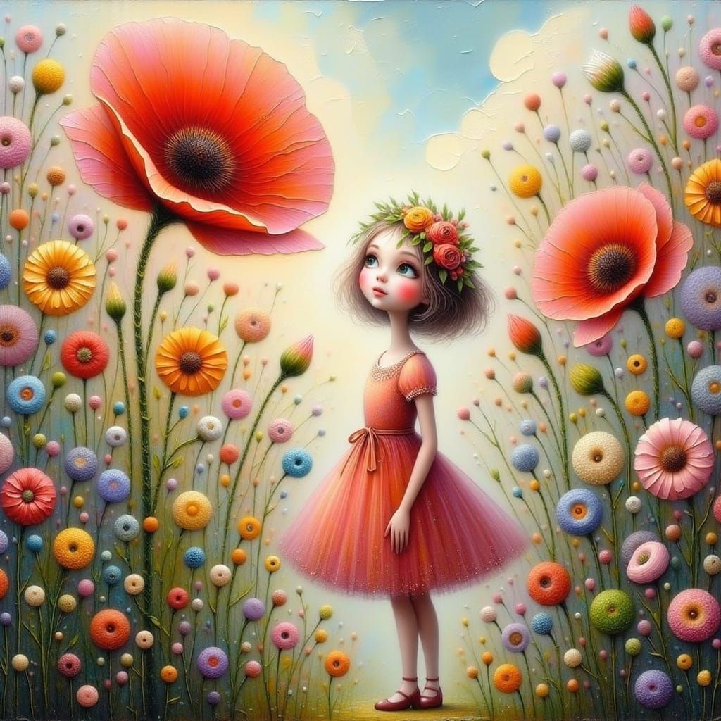 Whimsical Girl Admires Vibrant Poppy in Secret Garden