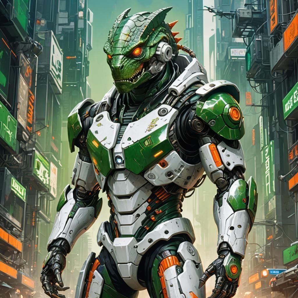 Futuristic Lizard Soldier in Cyberpunk Biomechanical Style