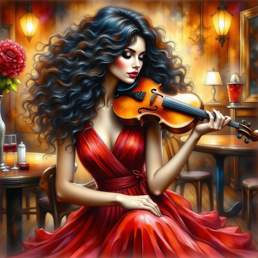 Woman Playing Violin in Bar, Watercolor and Oil Style
