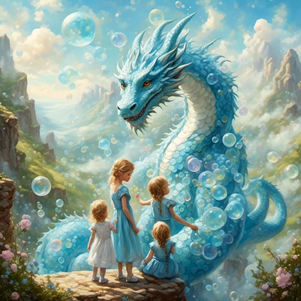 Blue Dragon Embracing Toddlers in Oil Painting Style