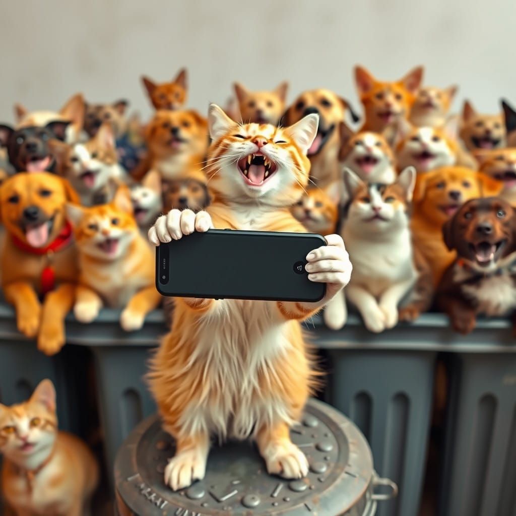 Playful Feline Takes Selfie with Canine Friends