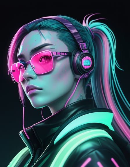 Cyberpunk Anime Goddess with Neon Accents and Dragon Tattoos