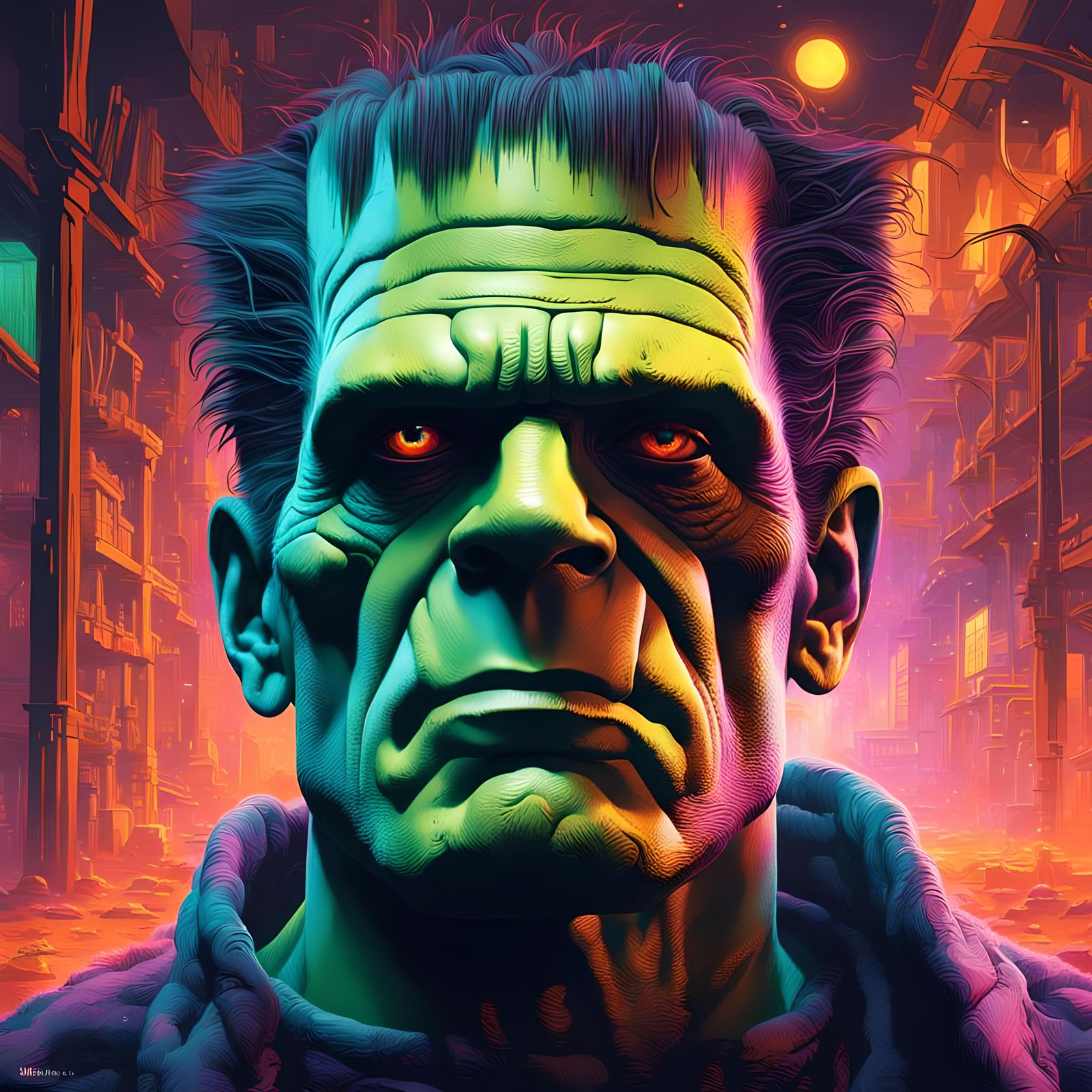 Frankenstein Portrait in Neon Laboratory