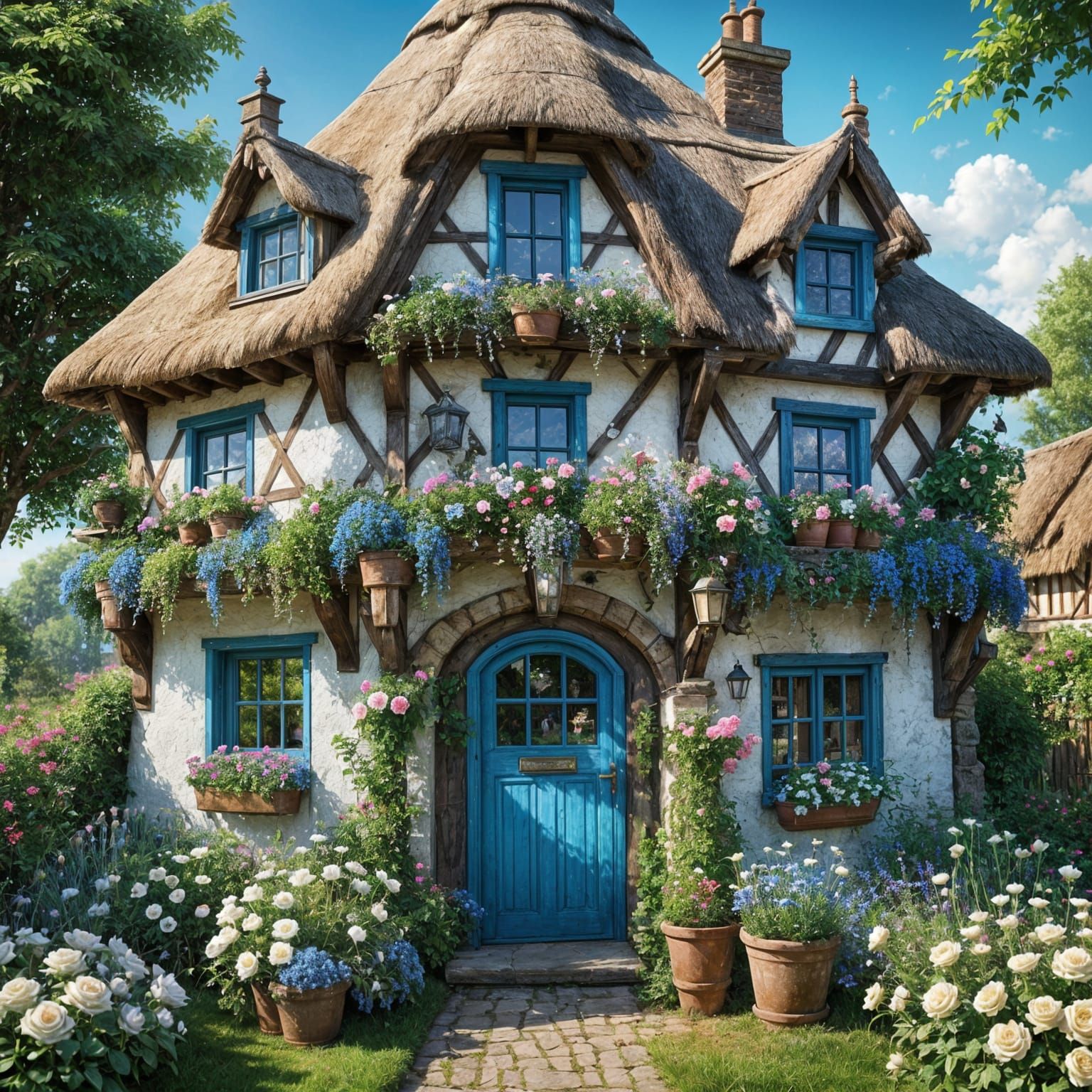 Ornate Thatched Gardener's Cottage in Summer