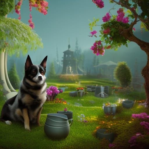 Dog in Teacup Garden: Fantasy Concept Art