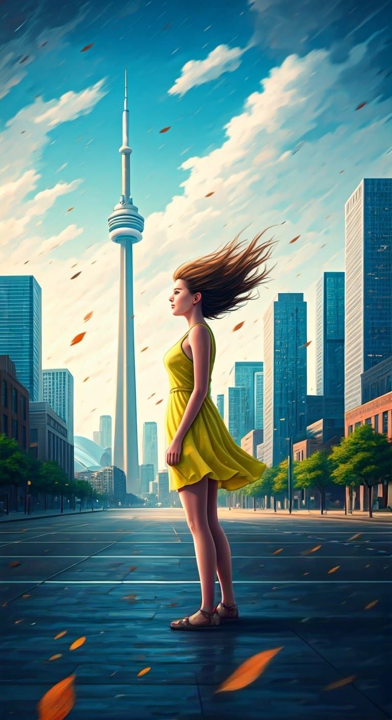 Woman in Whirlwind, Downtown Toronto, Impressionist Style