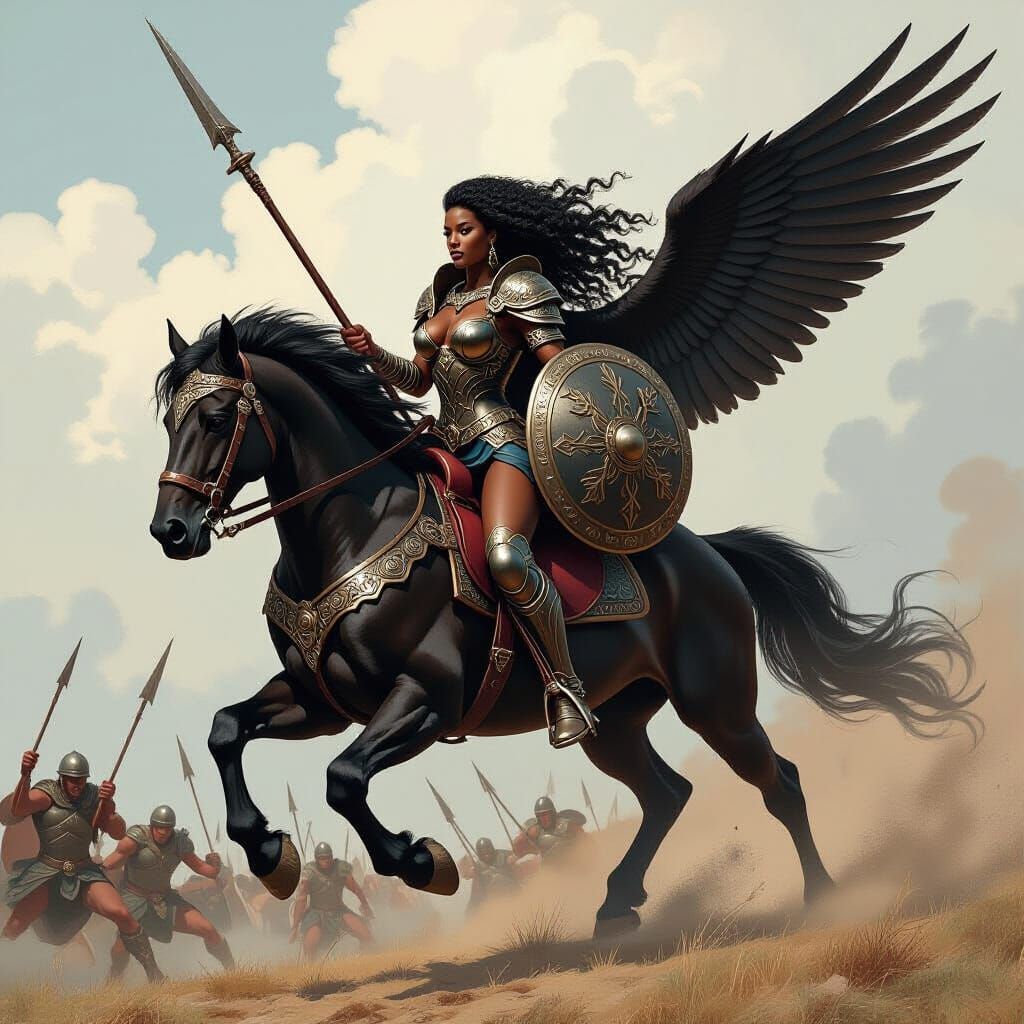 Black Valkyrie Rides Winged Horse Over Battlefield