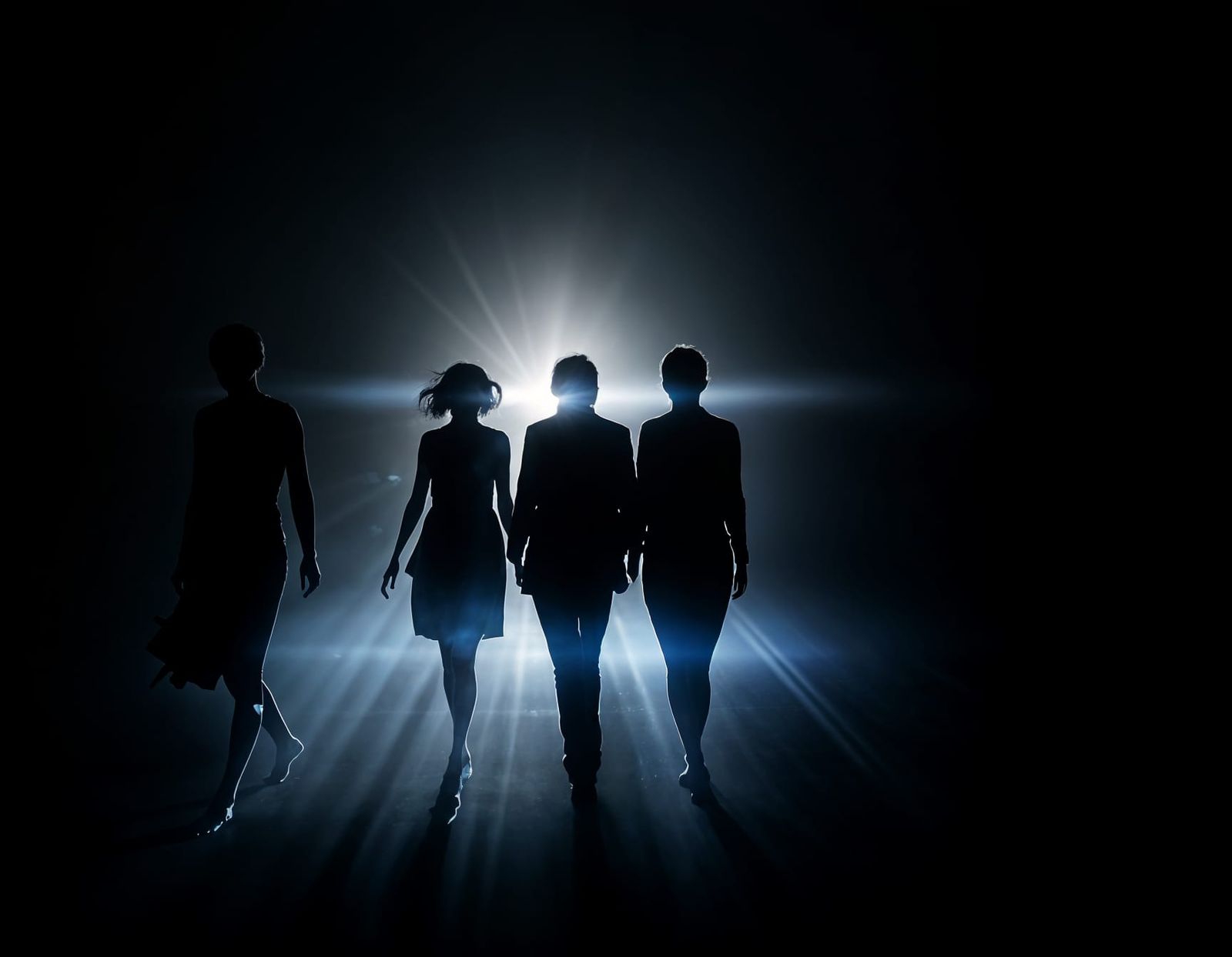 Silhouetted Figures Emerge from Indigo Light Haze