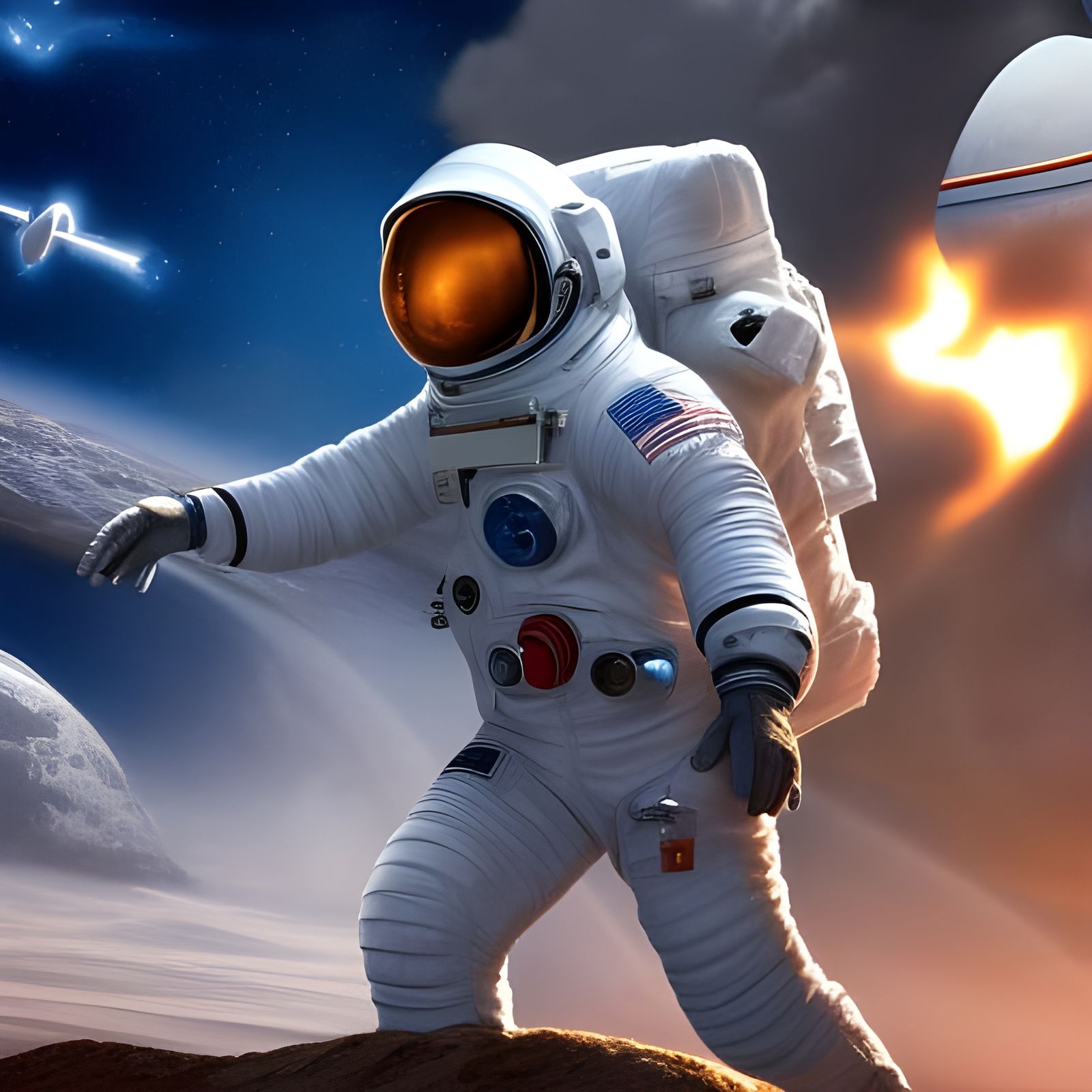 Astronaut with Circular Saw in Burning Spaceship