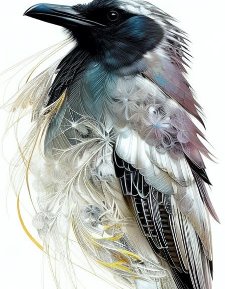 Intricate White Raven Portrait with Silver Outline