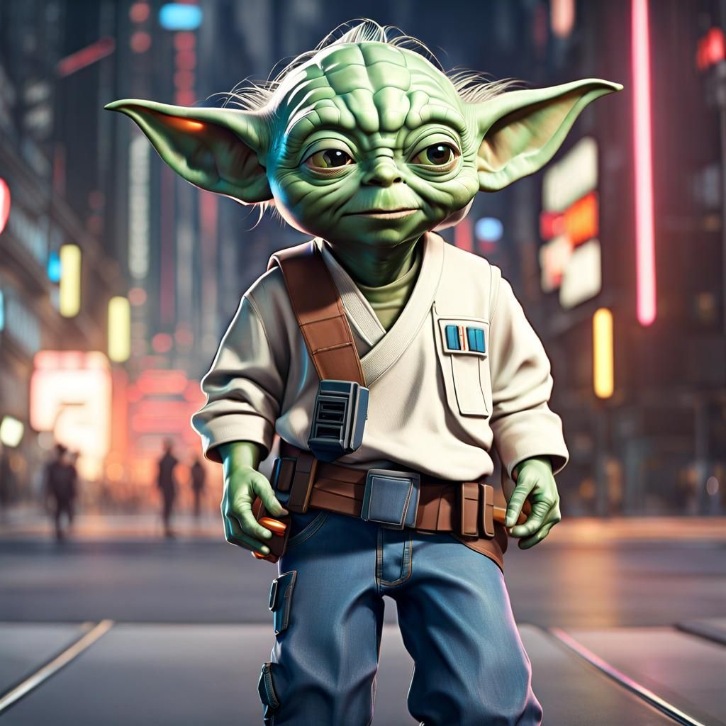 Teenage Yoda Skateboarding in Cyberpunk City