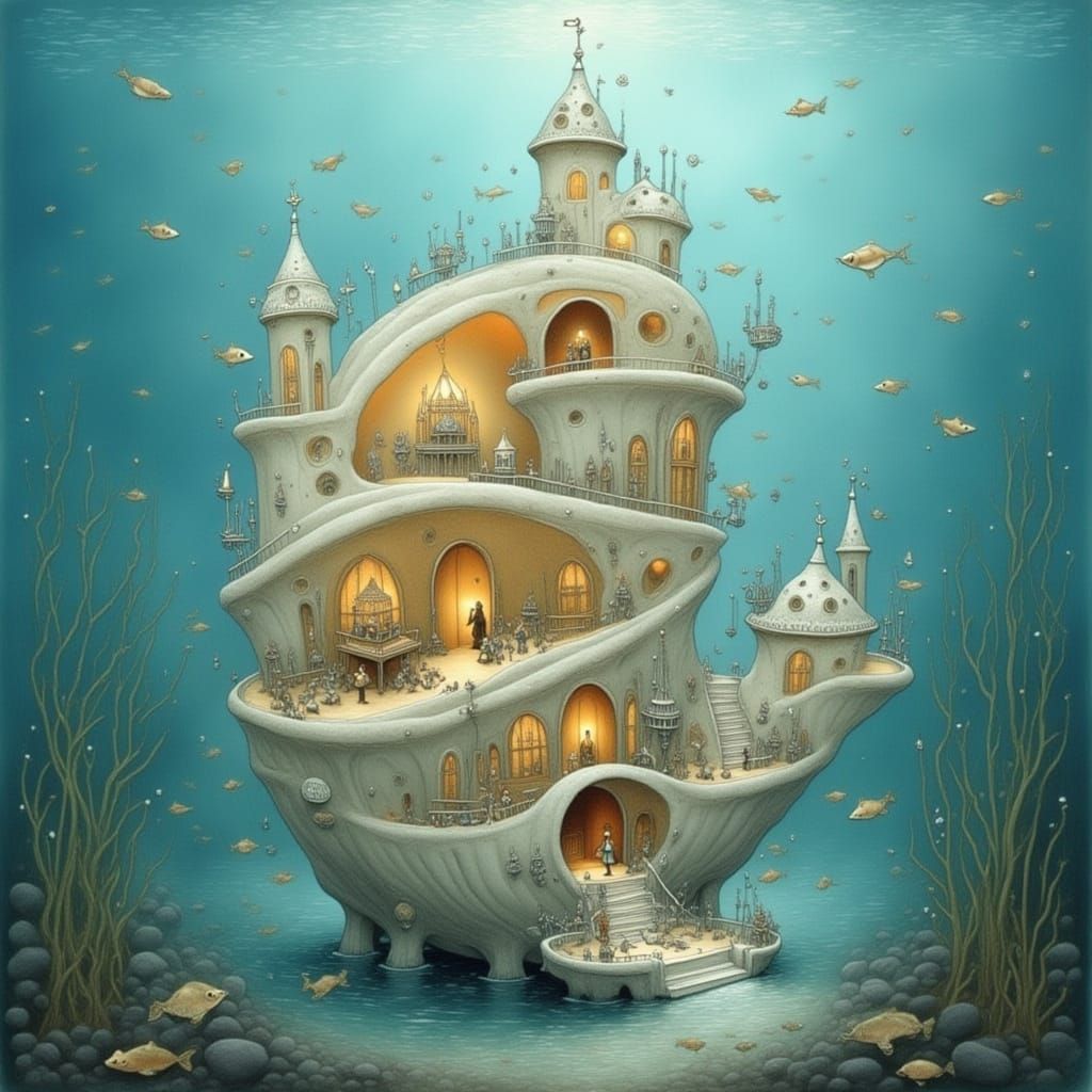 Dreamy Underwater Castle in Whimsical Watercolour Style