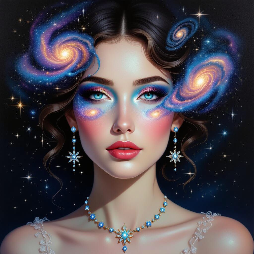 Cosmic Portrait: Woman's Face as Swirling Galaxies