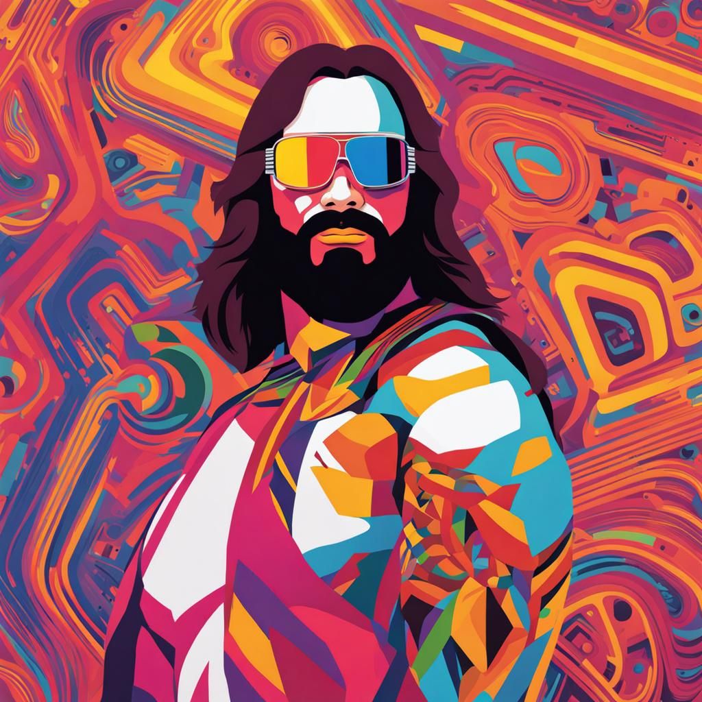 Colorful AI Image: Wrestler's Embrace with Game Heroine