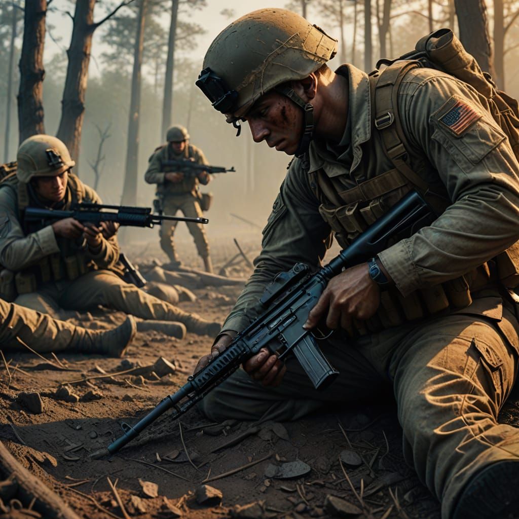 Sorrowful Soldier Pays Respects on Battlefield