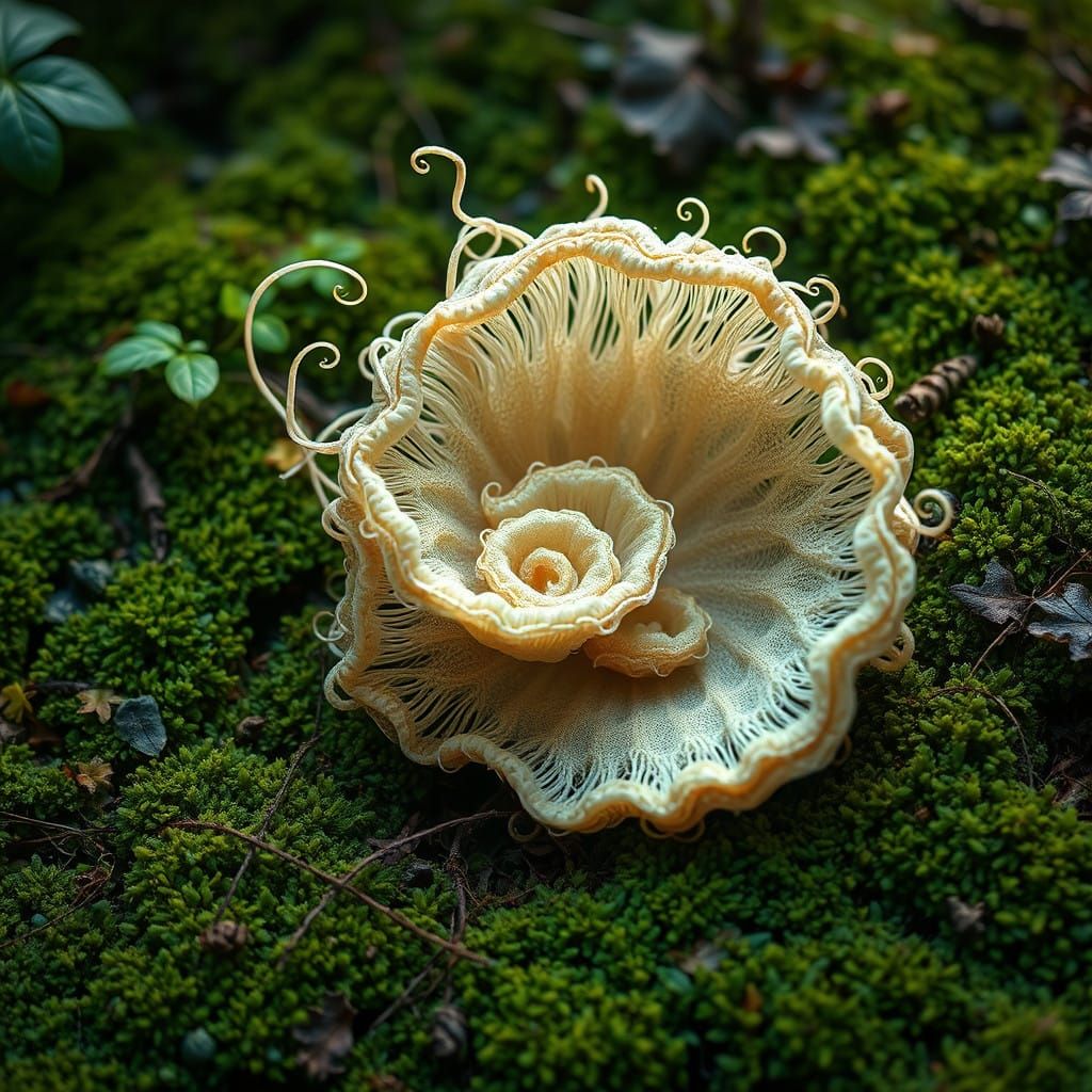 Surreal Moss-Covered Garden Floor with Swirling Fungus in Hy...