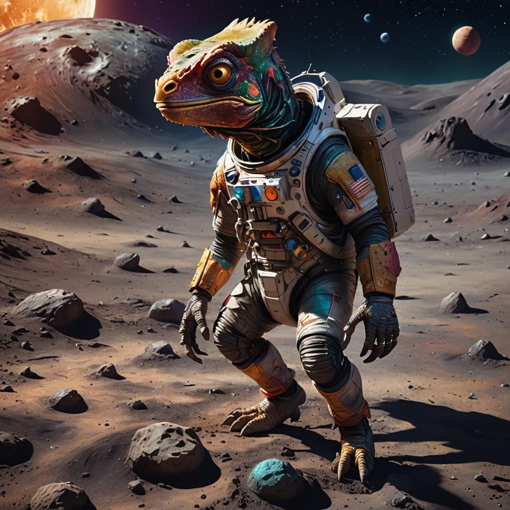 Person with Chicken Legs and Chameleon Head on the Moon