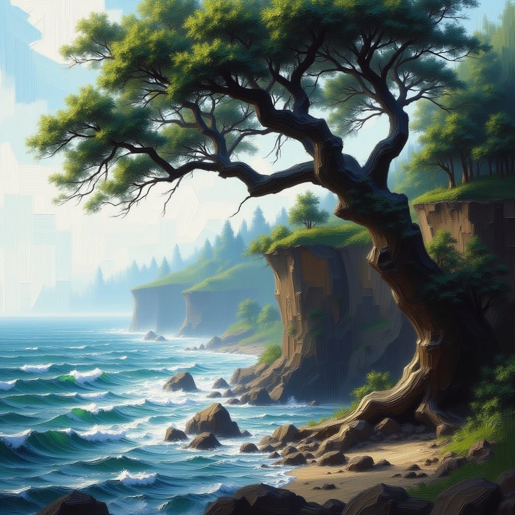 Trees Battered by Wind on Cliff Overlooking Sparkling Ocean
