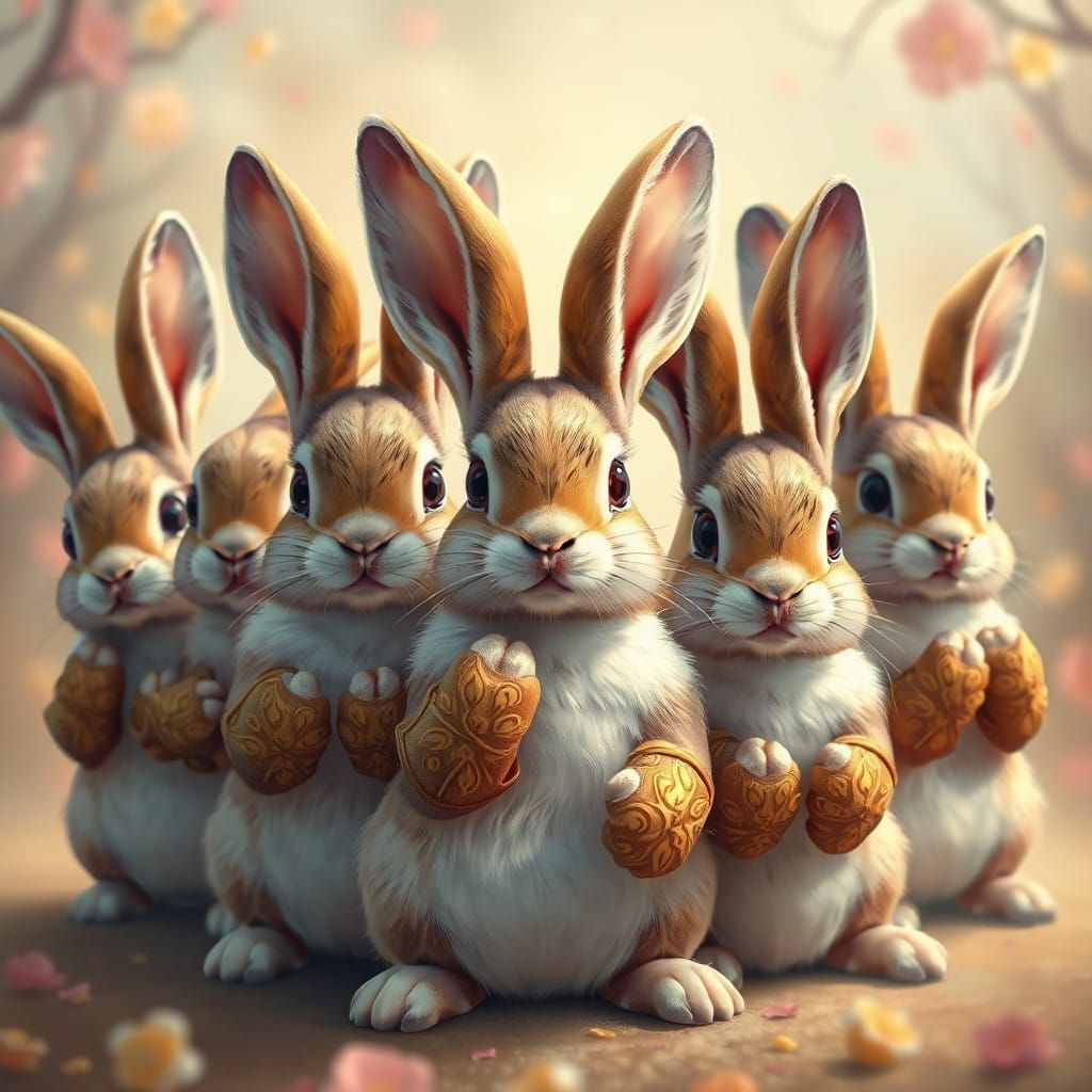 Seven Golden Rabbits in Ethereal Glow