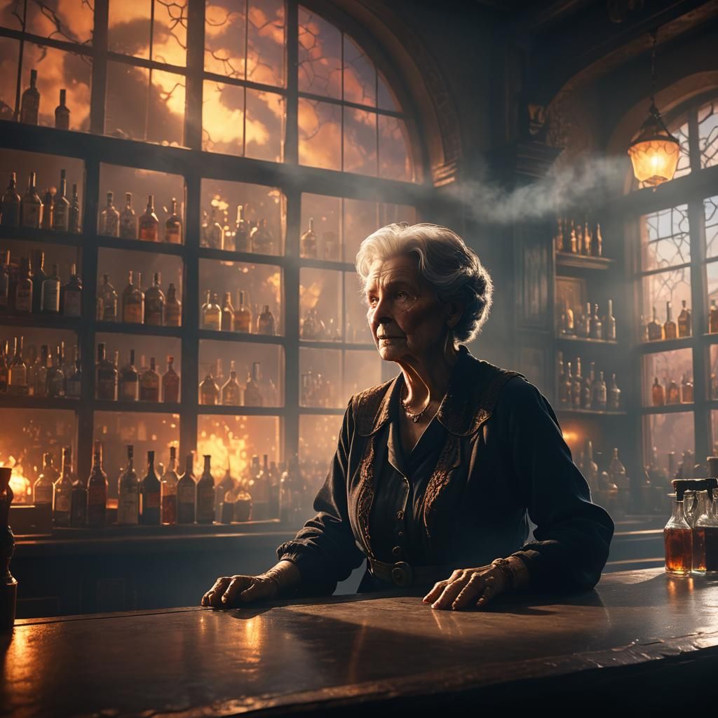 Elderly Woman Silhouette in Smoky Bar, Detailed Matte Painti...