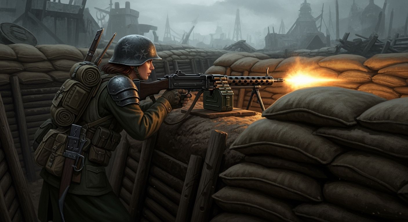 Post-Apocalyptic Soldier in Gloomy WWI Trench