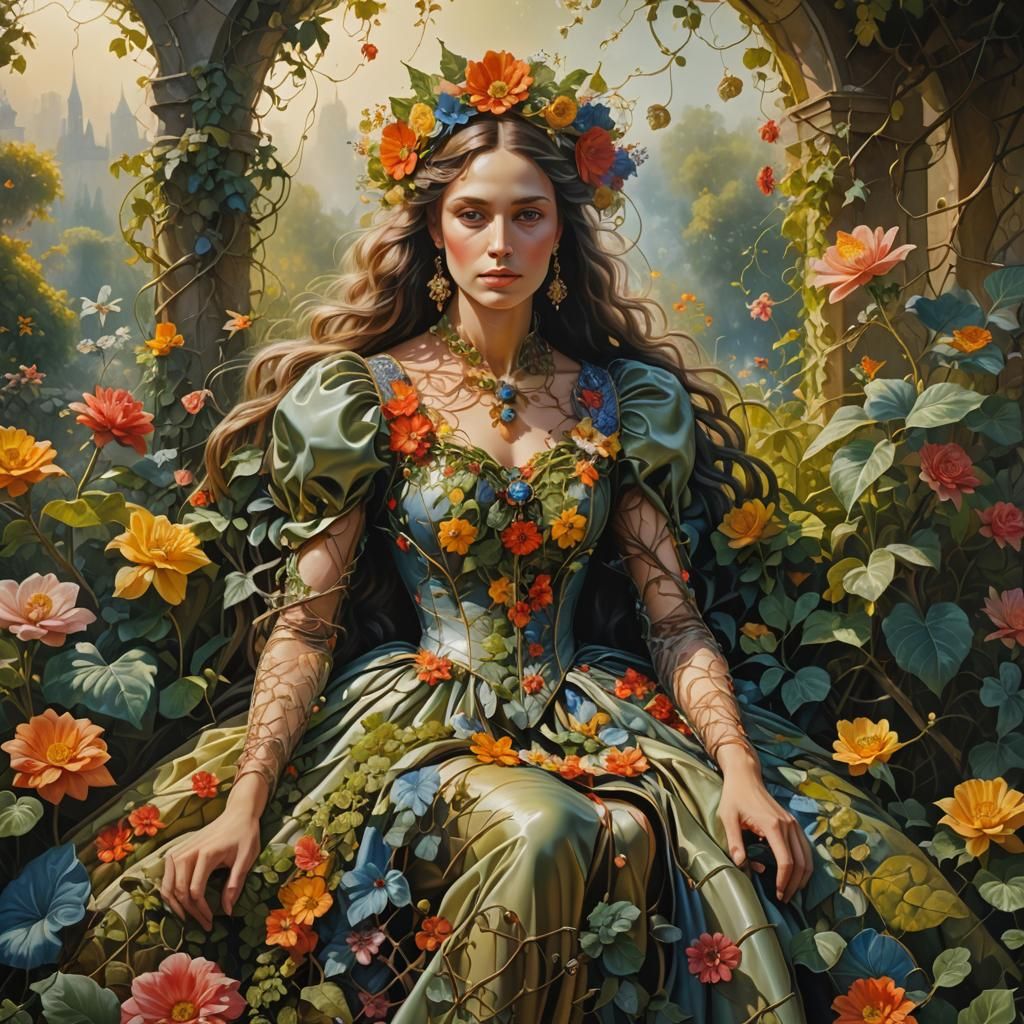 Woman-Flower Hybrid in Surrealist Oil Painting