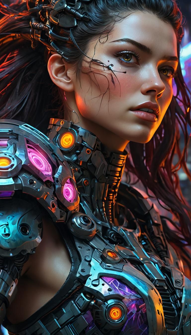 Cyberpunk Anime Goddess in Oil Paint by Renowned Masters