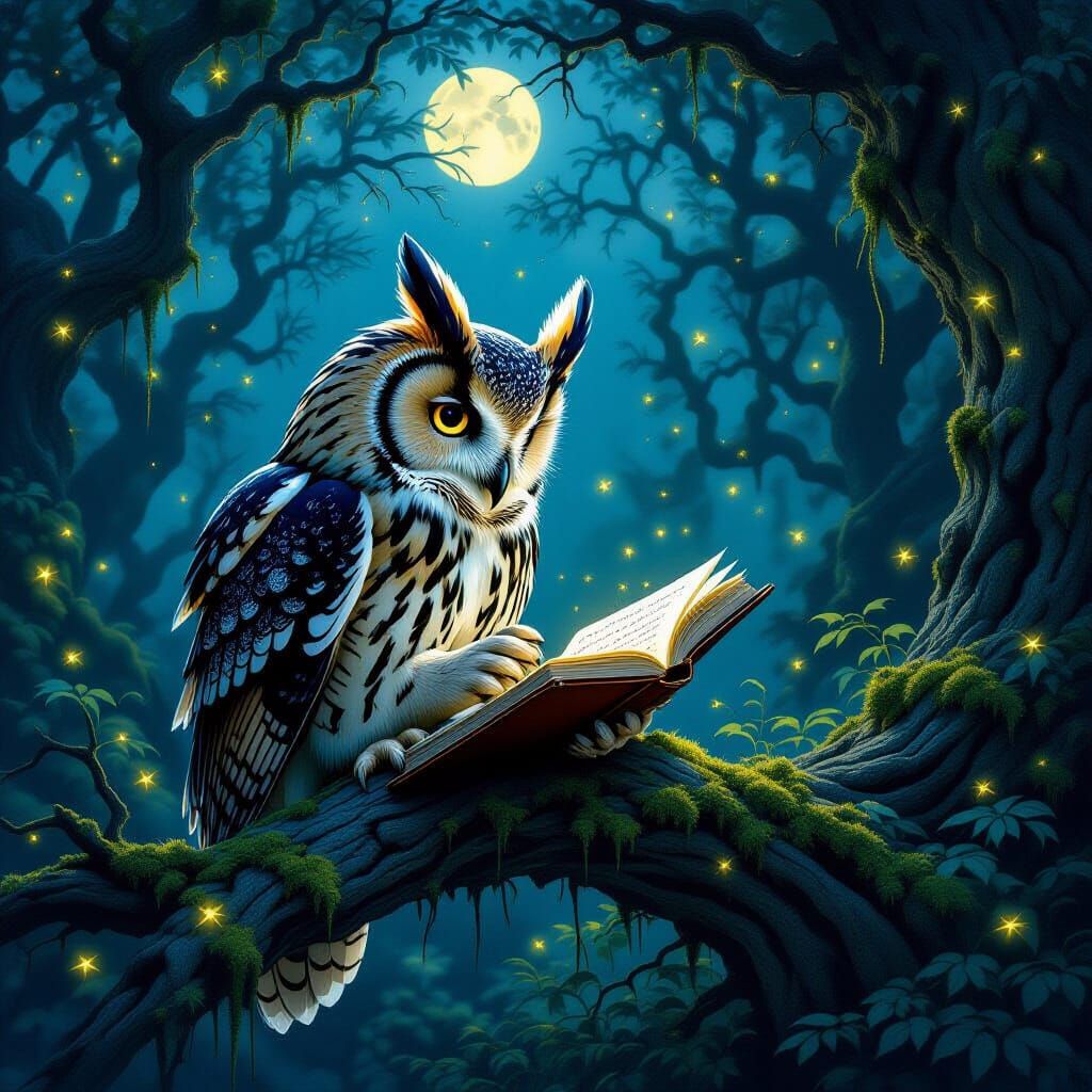 Owl Writes in Journal in Moonlit Forest