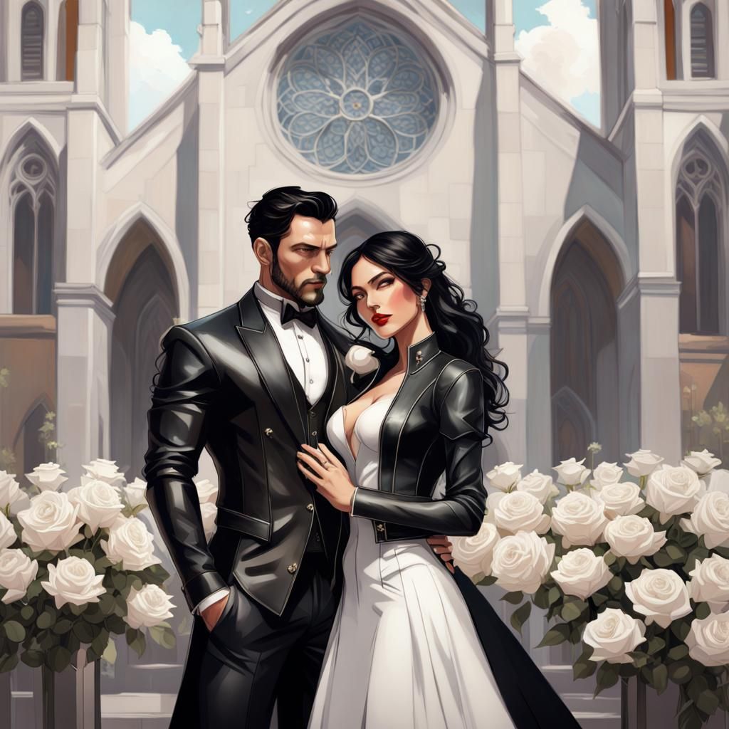 Black haired bride with beautiful bosom in a black leather wedding dress and black leather bolero jacket stands in high ...