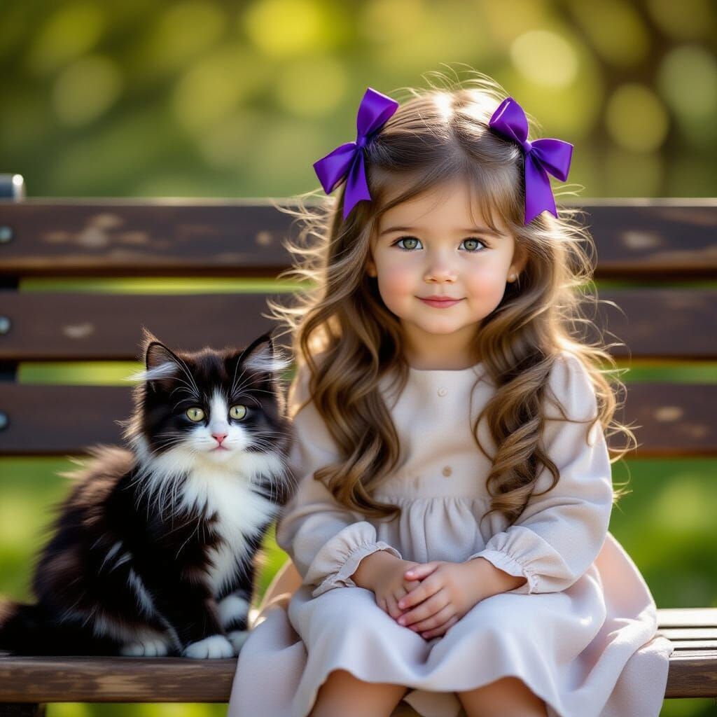 Toddler Girl with Purple Ribbons and Kitten on Park Bench