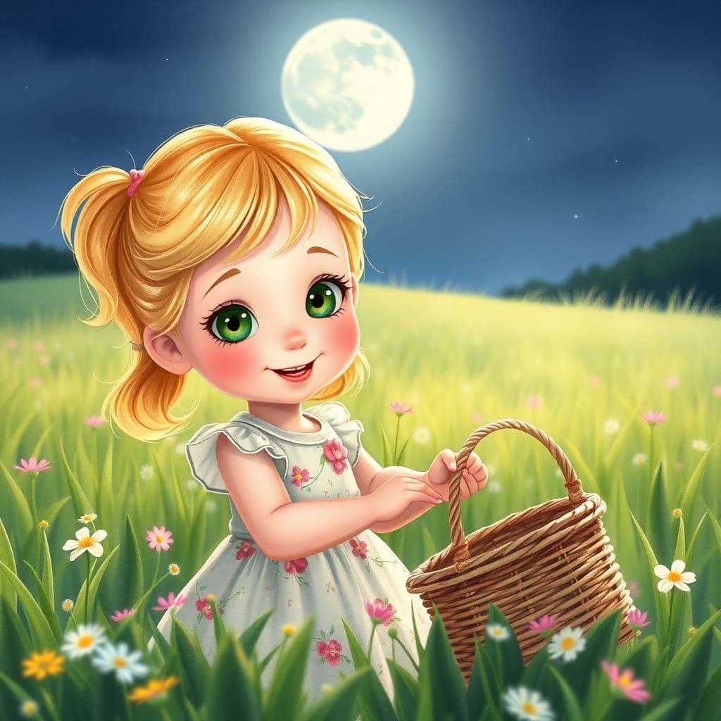Whimsical Nighttime Scene with a Little Girl in a Floral Dre...